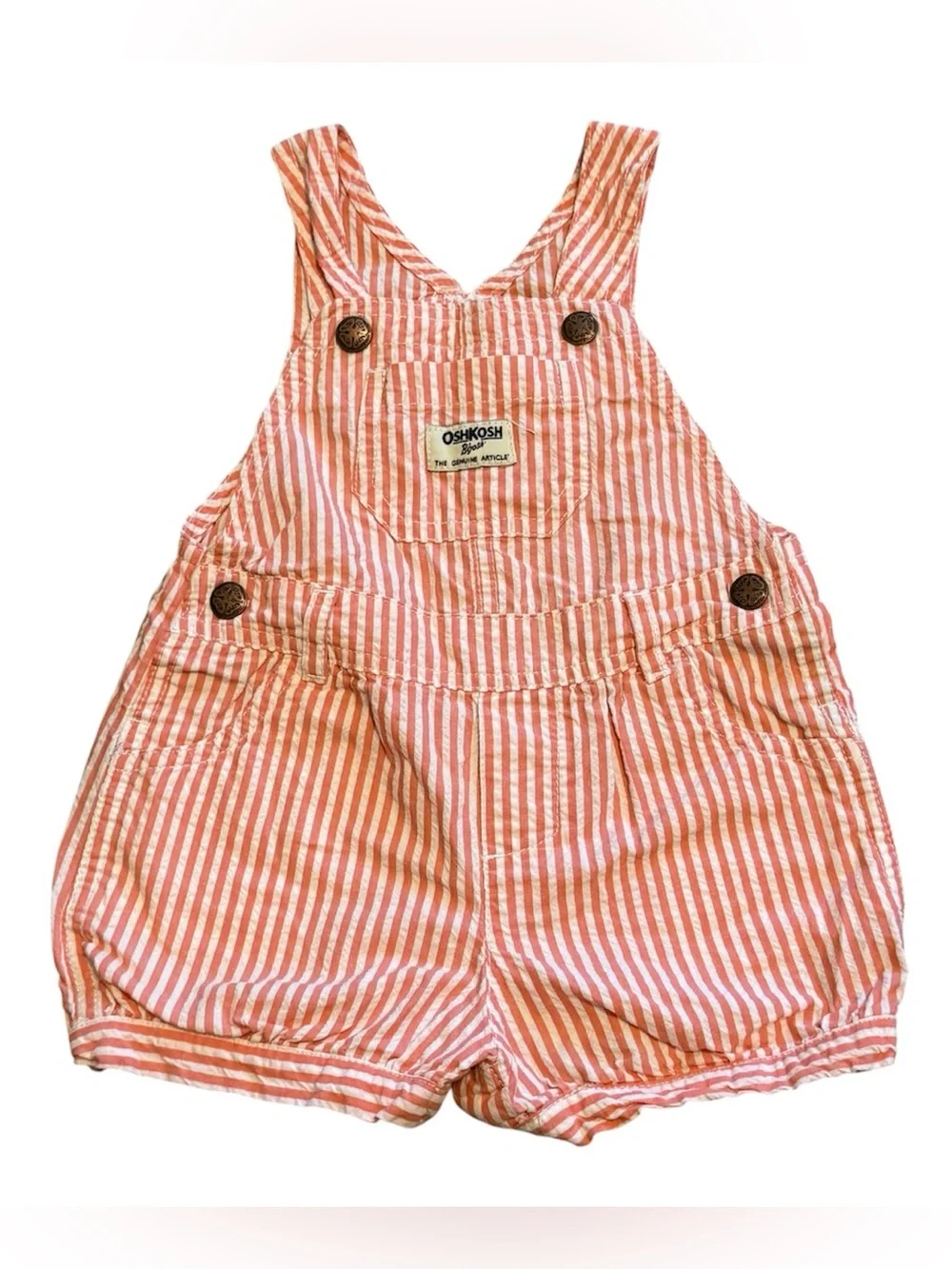 OshKosh B’gosh Coral White Striped Overalls 24M Toddler Adjustable Romper